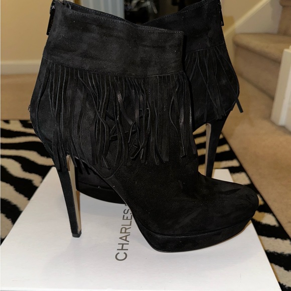 Brand New - Charles David, Black Suede Stiletto Ankle Booties with Fringe - Picture 1 of 3